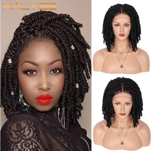 Kalyss 12 inches 4x4 Knotless Braided Wigs Synthetic wig for Black Women Spring Twist Braids Wig with Baby Hairs Braids Wigs