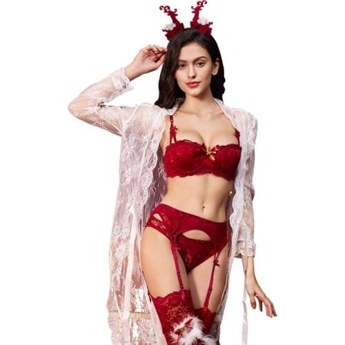 Women Halloween Costumes Push Up Bras Set merry Christmas Lace Lingerie Bra Velvet Panties Garter Stocking Antlers Robe Elk Head