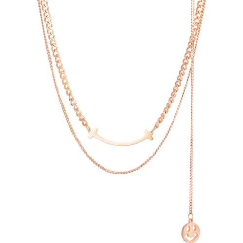 Fashion Smiley Pendant Layered Chain Necklaces For Women Kpop Stainless Steel Rose Gold Choker Neck Jewelry Accessories Necklace