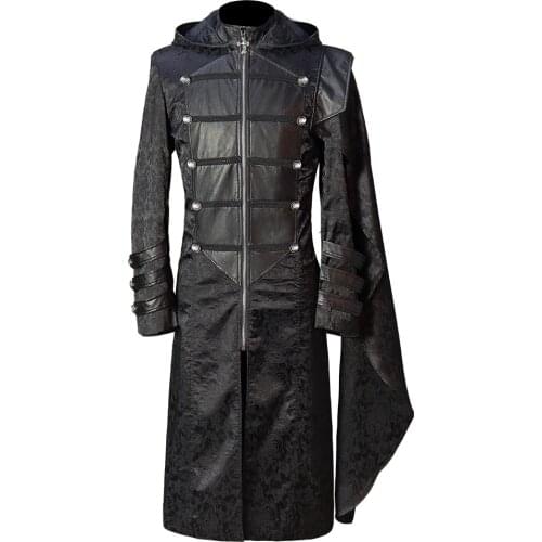 Mens Black Gothic Steampunk Patchwork Long Trench Coat Jacket PU Leather Cloak Punk Tops Halloween Cosplay Medieval Costume 5XL