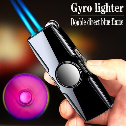 HB026 Double Flame Impact Fingertip Gyroscope Lighter Fashionable Blue Flame, WindProof Resistant Rotary Gyro Inflatable Toy