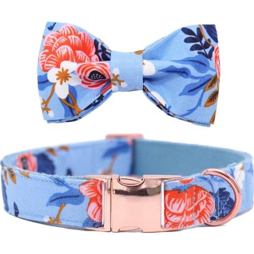 Dog or Cat Collar or Leash with Bows Grey Dots Design with Cotton Webbing Blue Flower