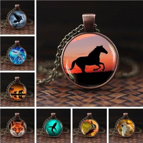 Men Cool Elephant Fox Horse Shark Wolf Pendant Necklace Women Fashion Choker Necklace Wild Animal Glass Cabochon Jewelry Gift