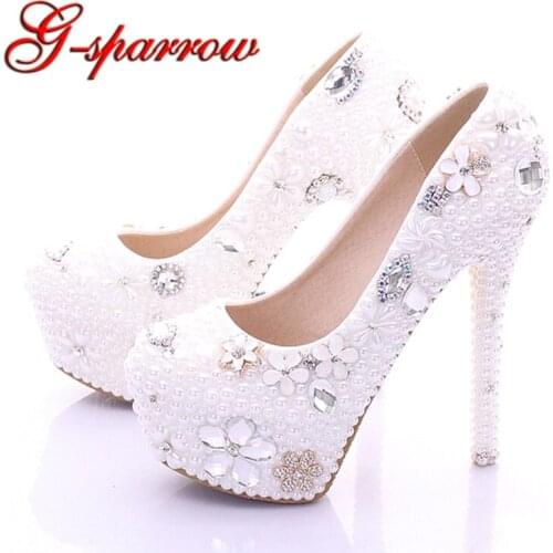 Plus Size Bridal Shoes White Womens Shoes on Sale 2018 Fashion Luxurious Pearls Crystals Wedding Party Prom High Heel Shoes