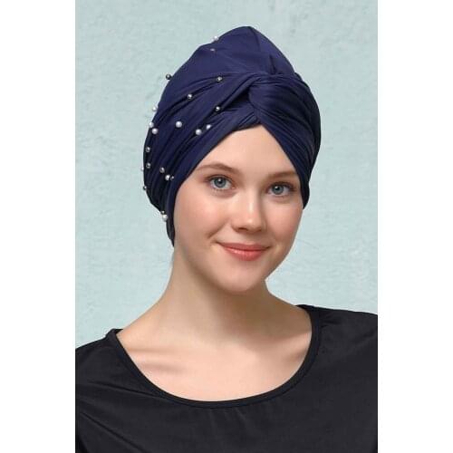 Adult Swimming Caps Hashema Pearl Detailed Navy Blue Wrap Pool Cap Women Swimming Pool Hat Islamic Hats Sea Cap Bath Ear Protect