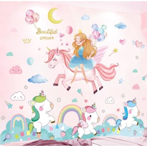 [shijuekongjian] Girl Wall Stickers DIY Unicorn Animal Wall Decals for Kids Bedroom Baby Room Children Nursery House Decoration
