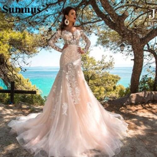 Sumnus Mermaid Wedding Dress With Sleeves 2021 Off-shoulder Lace Wedding Gown Plus Size Boho Bridal Gown Custom made