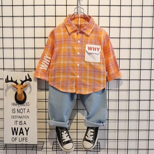 Spring Autumn Baby Girls Boys Clothing Sets Lapel Plaid Shirt Jeans Kids Cartoon Children Costume Infant formal Clothes Suits