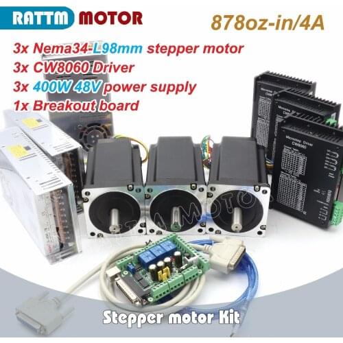High-quality!! CNC 3Axis Nema34 878oz-in Stepper Motor 98mm /4.0A & Driver 6A/80VDC 256 Microstep