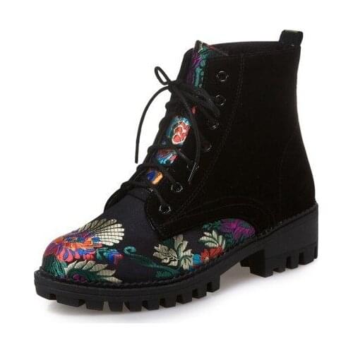 Folk Floral Printed Womens Ankle Boots Faux Suede Leather Lace Up Female Shoes Block Chunky Heel Winter Fleece Lining Warm Botas
