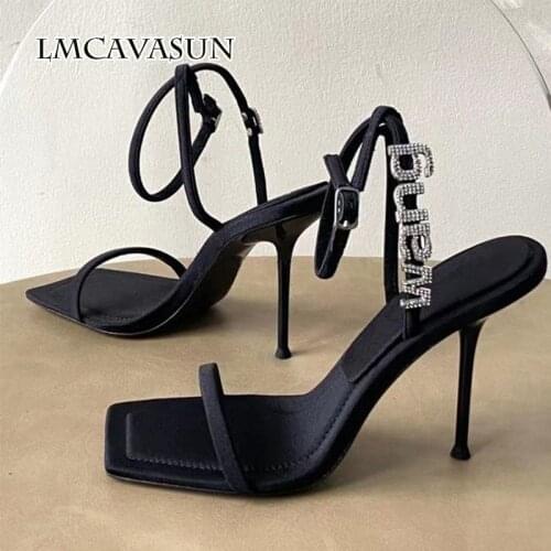 LMCAVASUN Womens shoes black word buckle sandals 2021 new summer rhinestone square toe high heels women sandals