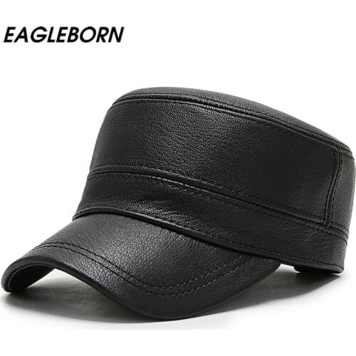 Winter Cowhide Leather Hat Men Dad Hat Earmuffs Military Cap Middle-aged Warm Thick Grandpa Hat Black Hat Leather Cap Hat Men