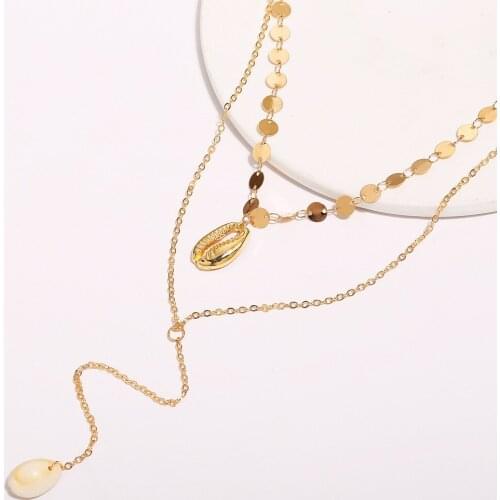 12 Pieces/Lot Shell Pendant Necklace Natural Conch Gold Color Sequin Women Multilayer Chain Clavicle Tassel Choker Charm Jewelry