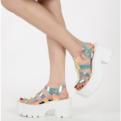 2021 White Platform Women Sandals Peep Toe Block Heel Flats Shoes Ladies Sandals Gothic Creepers Holographic Woman Shoes Size 43