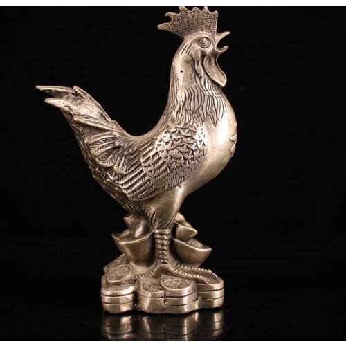 7"Chinese temple collection Old Bronze Gilt silver Rooster statue Lucky Chicken Gathering Rooster Ornaments Town House Exorcism