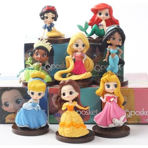 8pcs/Set 8-9cm Q Posket with BOX Princess Snow White Rapunzel Ariel Cinderella Belle Mermaid Tinna PVC Action Figure Model Toys