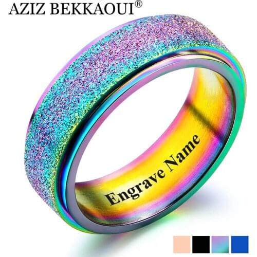 AZIZ BEKKAOUI 4 Colors Scrub Engrave Name Stainless Steel Turnable Design Finger Rings Wide Ring for Men Unisex Rings Gift