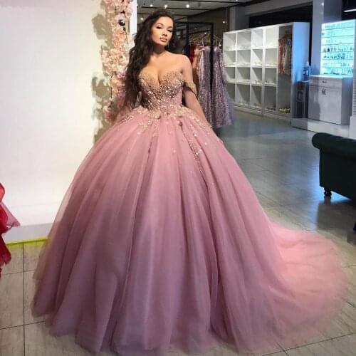 Pink Ball Gown Quinceanera Dress Beaded Prom Dresses Off The Shoulder Formal Quinceanera Gowns 3D flowers Sweep Train Tulle