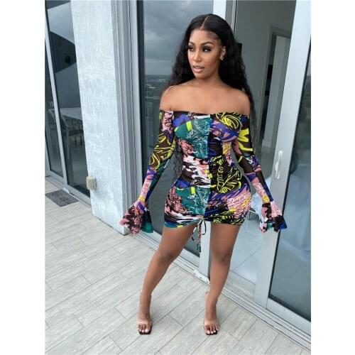 CHRONSTYLE 2021 Sexy Leopard Women Dress Off Shoulder Slash Neck Long Flare Sleeve Streetwear Tie Dye Print Lace-up Pencil Dress