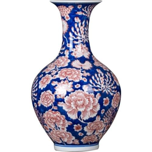 Jingdezhen Ceramics New Chinese Blue And White Porcelain Underglaze Red Flower Vase Decoration Home Living Room Porch Crafts