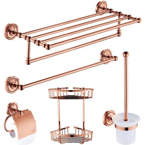 Europe Wall Hanging Towle Ring Antique Rose Gold Bathroom Hardawre Accessories Set Round Base Polished Solid Brass Bath Shelf