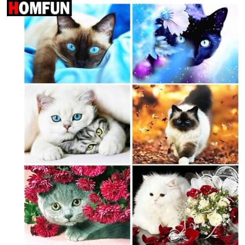 HOMFUN Paint With Diamond Embroidery "Animal cat flower" Diamond Painting Full Square Round Picture Of Rhinestone Decor