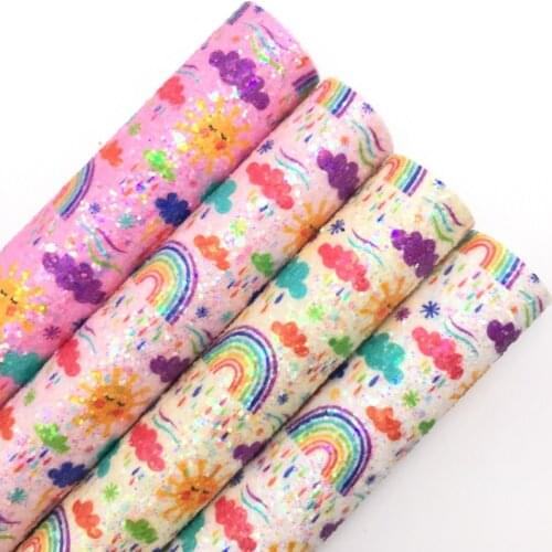 LEOsyntheticoDIY Rainbow Suns Printed Chunky Glitter Vinyl Fabric Sheet Felt Backing Synthetic Leather Faux Vinil DIY A4 R108