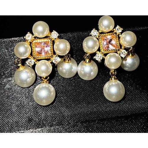Fashion Pearl Jewelry New Unique Geometric Design Pink Zircon Gold Piercing Earrings For Women Wedding Luxury Statement Gift