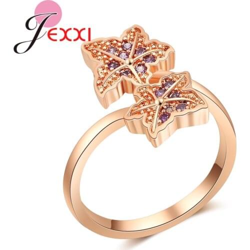 Fashion Rose Gold Color Maple leaf Shaped Women Rings Filled Classical Cubic Zirconia Wedding Engagement Bridal Bague
