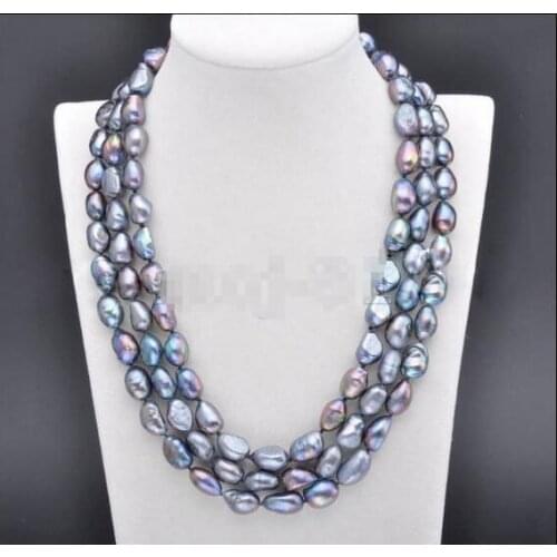 Fashion Womens Natural 8-9MM Black Baroque Freshwater Pearl Necklace 48'' Yellow Clasp