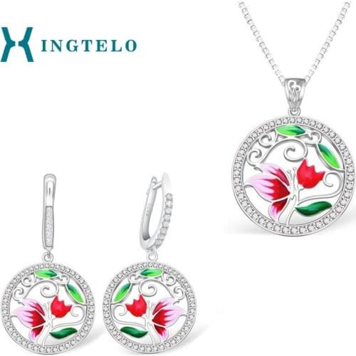 XINGTELO 925 Sterling Silver Bridal Jewelry Set Inlaid Crystal Plant Butterfly Earrings Pendant Chain Enamel Jewelry for Women
