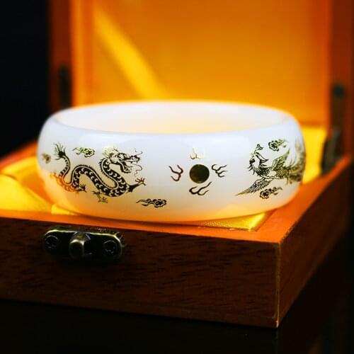 Natural Jade Bangle White Bracelet Hand-Carved Lady Jewellery Fashion Accessories for Women Round Charm Bangle with box 56-67mm