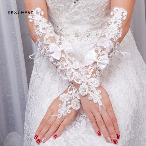 Cheap Women Bridal Gloves Fingerless Opera Length Lace bow Wedding Accessories Prom Party