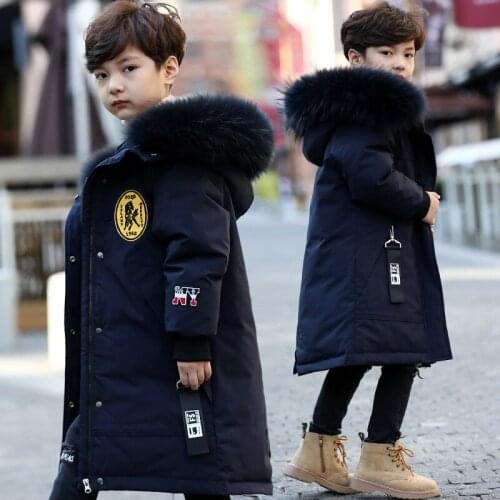 New Fashion Boys' Winter Childrens Down Jacket Medium Length Boys' Thickened Large Childrens Wool Collar Coat