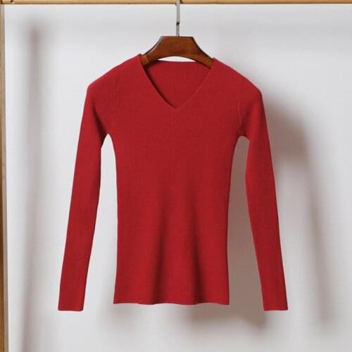 Queechalle New 2020 Autumn Winter Knitted Pullover Sweater Womens V neck Long Sleeve Slim Solid Basic Sweaters Female Tops Gray