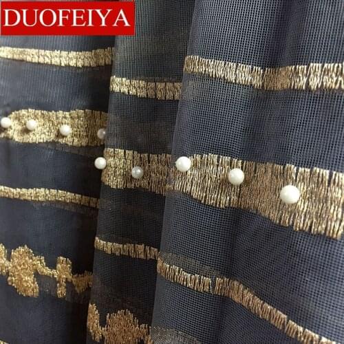 Luxury Golden Thread Stripe Embroidery Pearls Grey Tulle Curtain for Living Room Bedroom Window Drapes White Voile Curtain