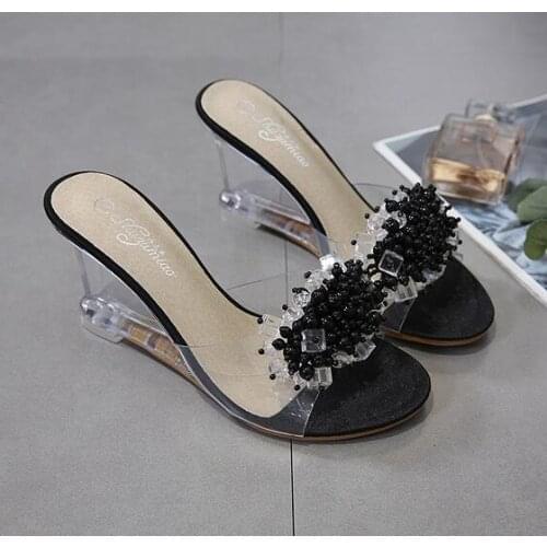 Slope Sandals High Quality rystal Transparent Diamond Wedges Crysta Sandals High heels 8.5cm Slope Sandals Female Summer 2018