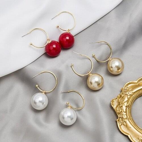 Korean Oversized Simulated Pearl Hook Earrings for Women Ladies Gold Color Alloy Big Pearl Drop Dangle Earrings Wedding Jewelry