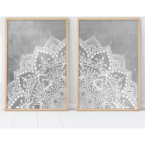 Grey and White Mandala Flower Wall Art Print Beige Bohemia Canvas Painting Poster Picture Yoga Living Room Home Interior Decor