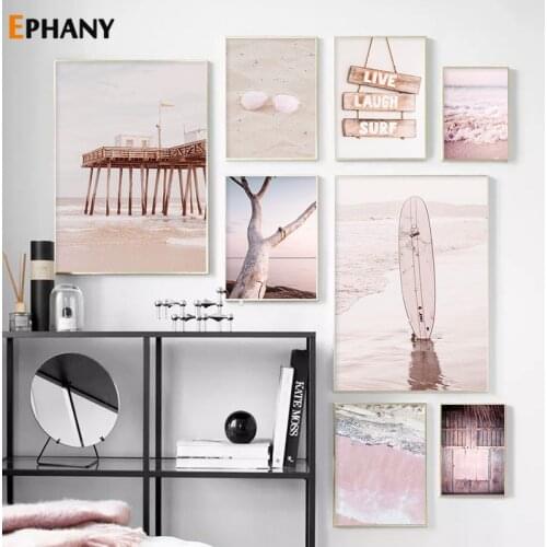 Nordic Pink Ocean Waves Canvas Wall Art Print Coastline Beach Landscape Poster Painting Surfboard Sand Picture Home Decor