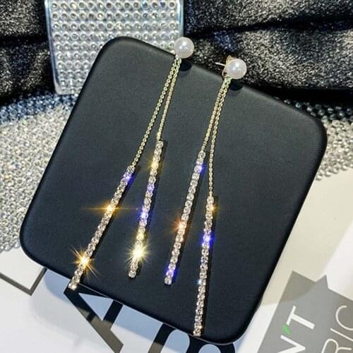 Temperament Simple Imitation Pearl Long Tassel Earrings For Women Shiny Rhinestone Danle Earrings Wedding Party Jewelry Gift