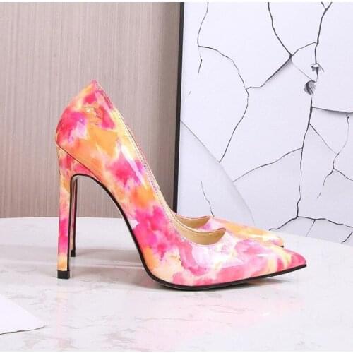 Ladies High Heels Colorful Graffiti Mirror Smooth Leather Women Shoes Pumps Pointed Toe Stiletto Heels 11cm Fashion Female Shoes