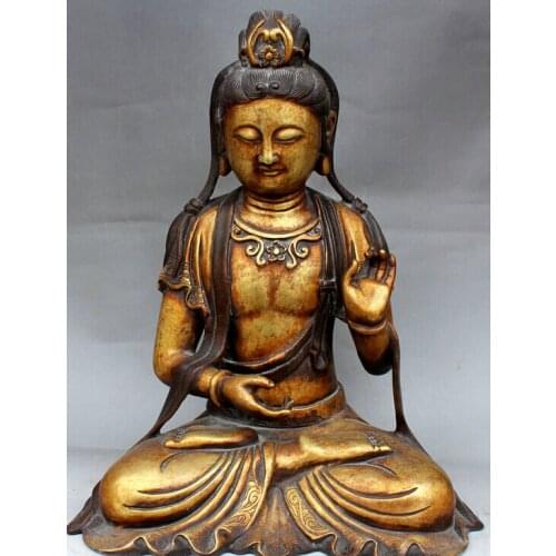 USPS to USA S2577 15" Old Chinese Buddhism Bronze 24K Gold Seat Kwan-yin Guan Yin Goddess Statue