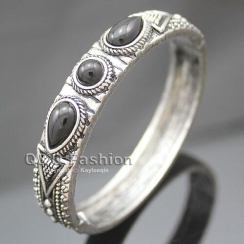 Vintage Silver Plated Aztec Dots Triangle Black Stone Hinged Bracelet Bangle Cuff Jewelry New