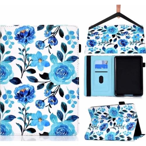 3D Blue Roses Flowers Pattern PU Leather Vintage Stand Folio Cover Protective Case for All-New Kindle Paperwhite 1 2 3 2016