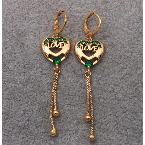 Dangle Drop Earrings Green Cubic Zirconia Copper Heart Earring For Women Fashion Jewelry Accessories Wedding Anniversary Gift