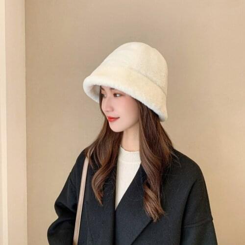 Winter Women Flat Top Cap Fur Thick Warm Bucket Hats Ladies Solid Casual Fur Hats Winter All-Match Warm Walking Hat Outdoor Hat