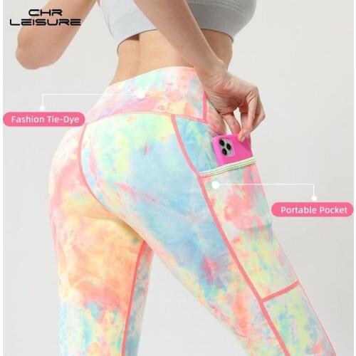 CHRLEISURE Leggings Sport Fitness Tie Dye Print Pocket Leggings High Waist Sports Women Push Up Workout Gym Leggings