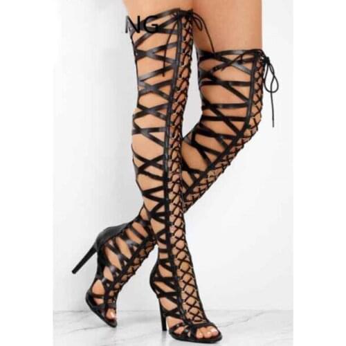 Moraima Snc Cross-Tied Over The Knee Long Gladiator Sandal Boots Women Summer Boots Open Toe Sexy High Heels Shoes