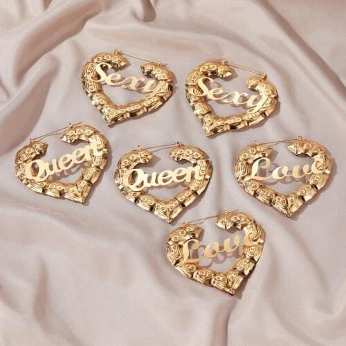 7cm BIG Size Bamboo Hoop Earrings SEXY LOVE Name Earrings for women PUNK COOL Style Custom Hoop Earrings GOLD Color Statement